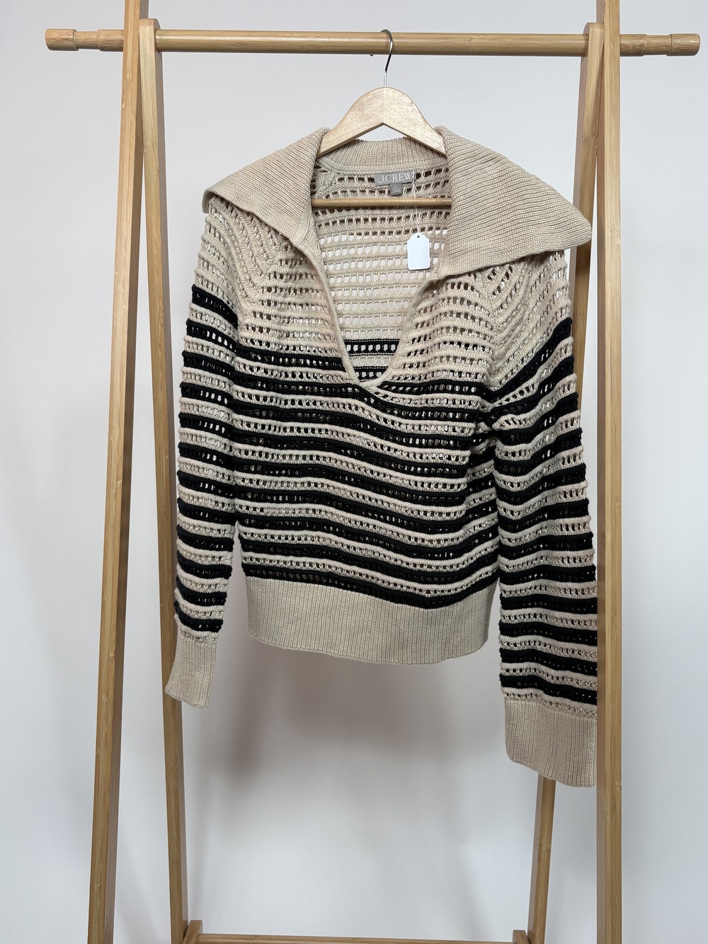 PF-1489 J.Crew Crochet Cream and Black Striped Sweater